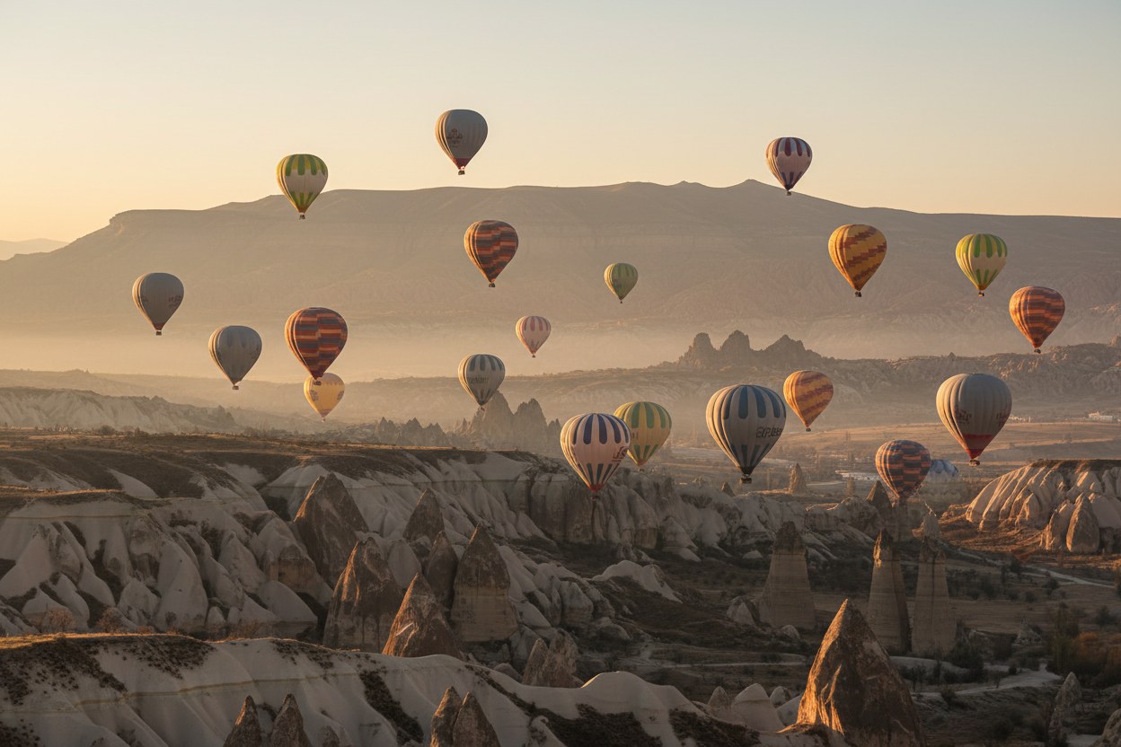 Göreme vadisinde şafak vakti onlarca balonun yükselişi