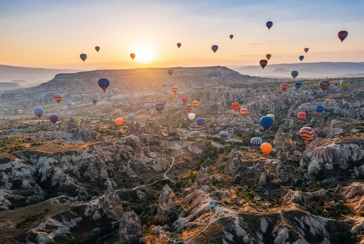 Şafakta yükselen dolu bir balon vadisi