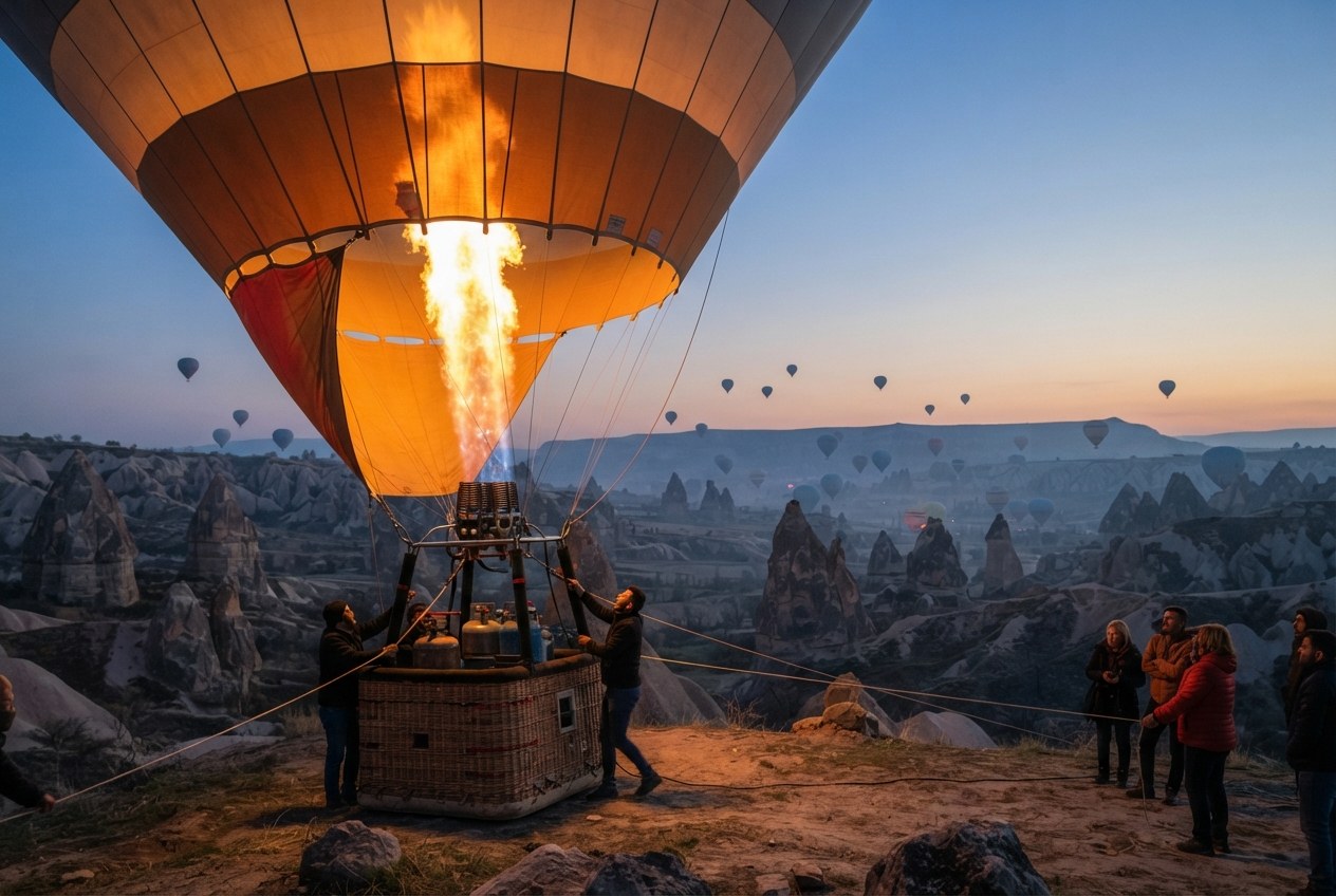 Balonun altın rengi alev ışığı ile ısınması